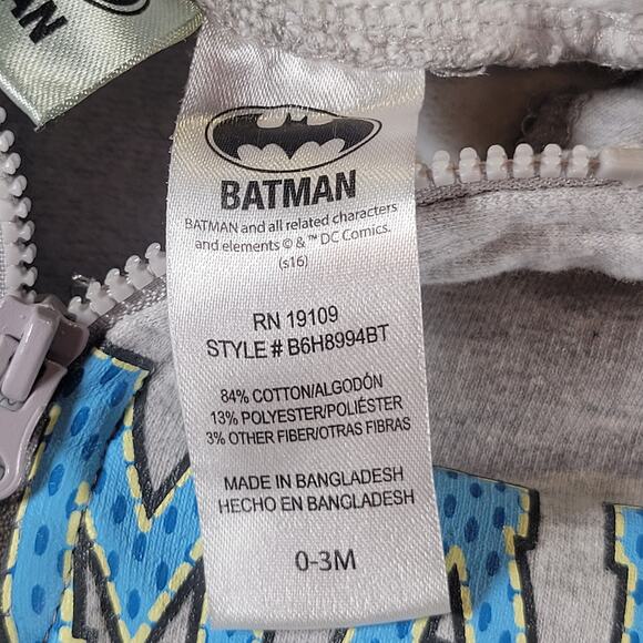 Batman Baby Unisex Gray Hoodie 0-3M & White Sleeper 4-6M Set with Logo Prints - Picture 5 of 13